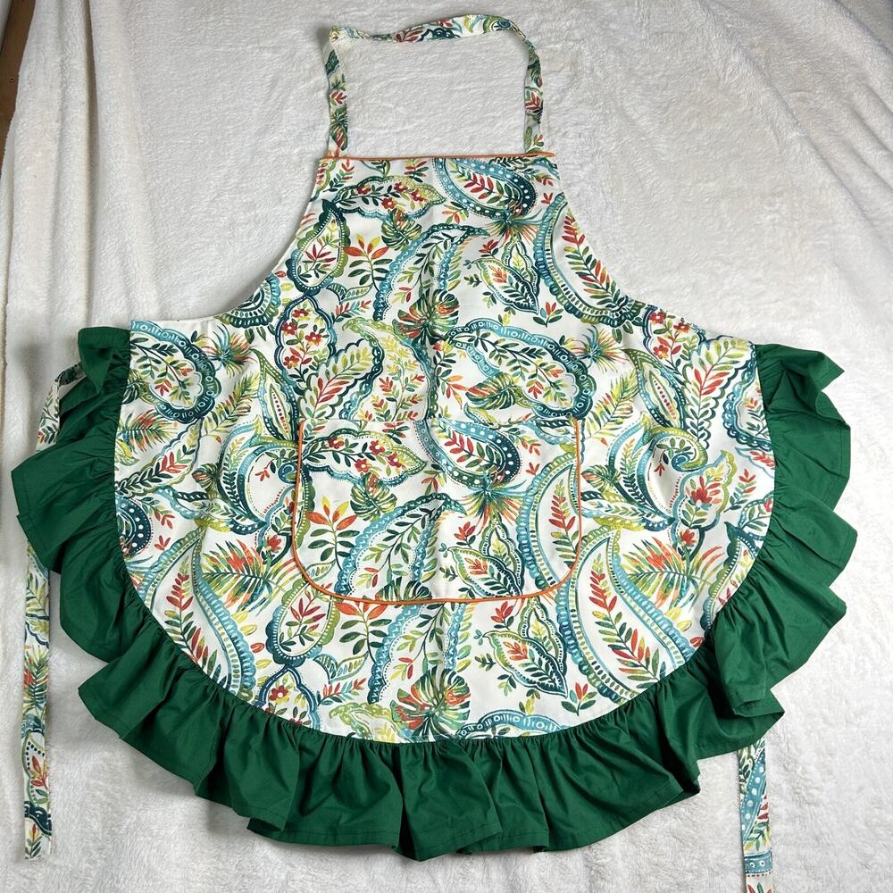 Handmade Apron Paisley Outdoor in Teal Tapestry with Pockets & Green Frill